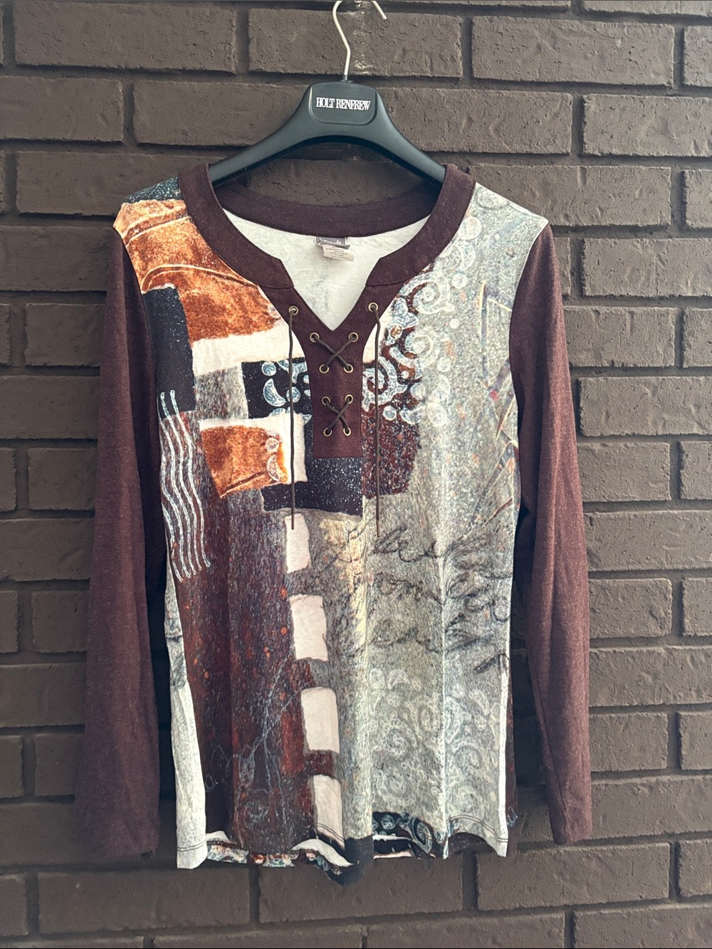 Lace-Up Abstract Print Long Sleeve Top - Brown